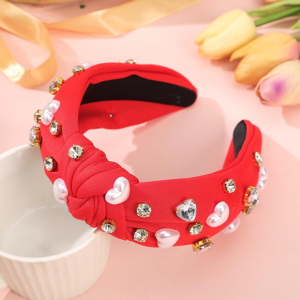 AWAYTR New Love Heart Bowknot Hairband for Women Cute Pearl Red Wide Diamond Headband Hair Hoop Hair Accessories Valentine's Day