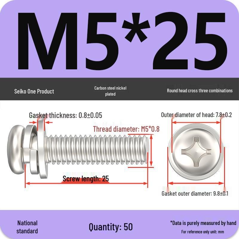 Nickel-Plated Phillips Pan Head Screw with Washer, M2-M6 Thread