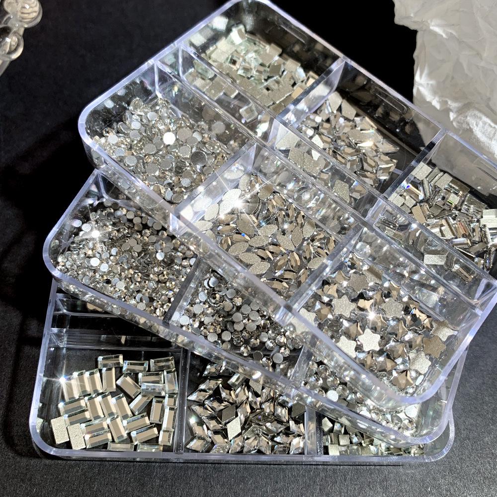 

Boxed Mini Glass Nail Art Decorations: White Flat Bottom Mixed Drills