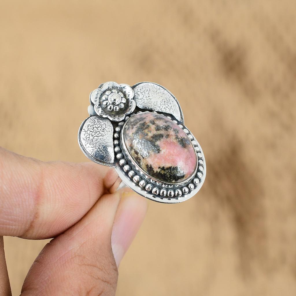 Mothers day Deal 925 Silver Rhodonite Gemstone Flower Promise Wife Ring Jewelry