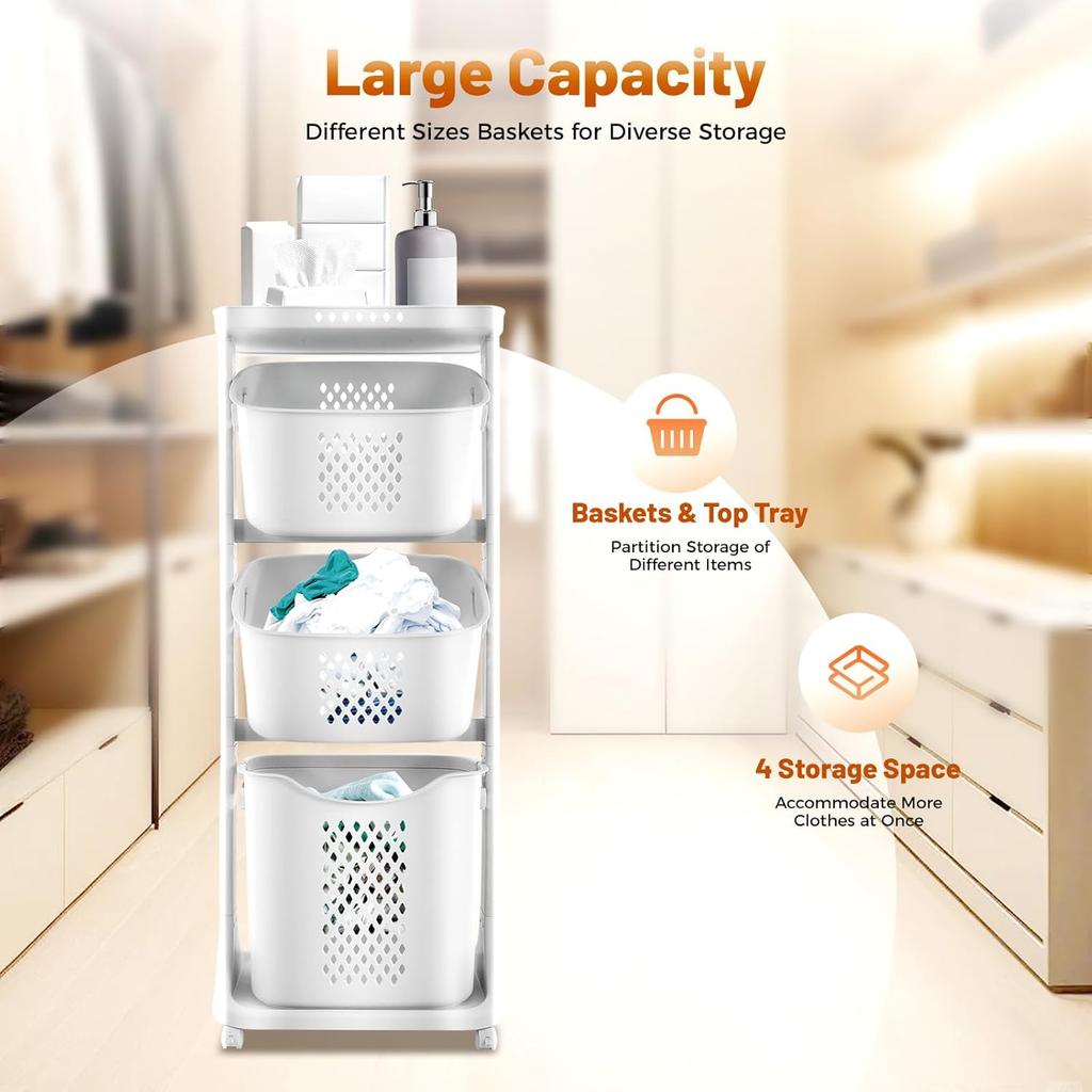 Laundry Hampers, 3 Tier Laundry Baskets Dirty Clothes Hamper with Wheels for Home, Dorms, Laundry Room and Apartment