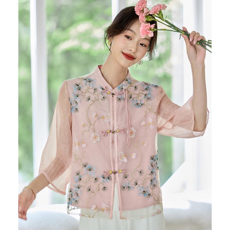 Oudifu Women s Retro Embroidered Mid-Sleeve Shirt XL