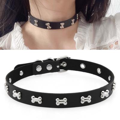 Punk Style Leather Choker Necklace With Bone Charm Adjustable Closure For Edgy Streetwear Fashion