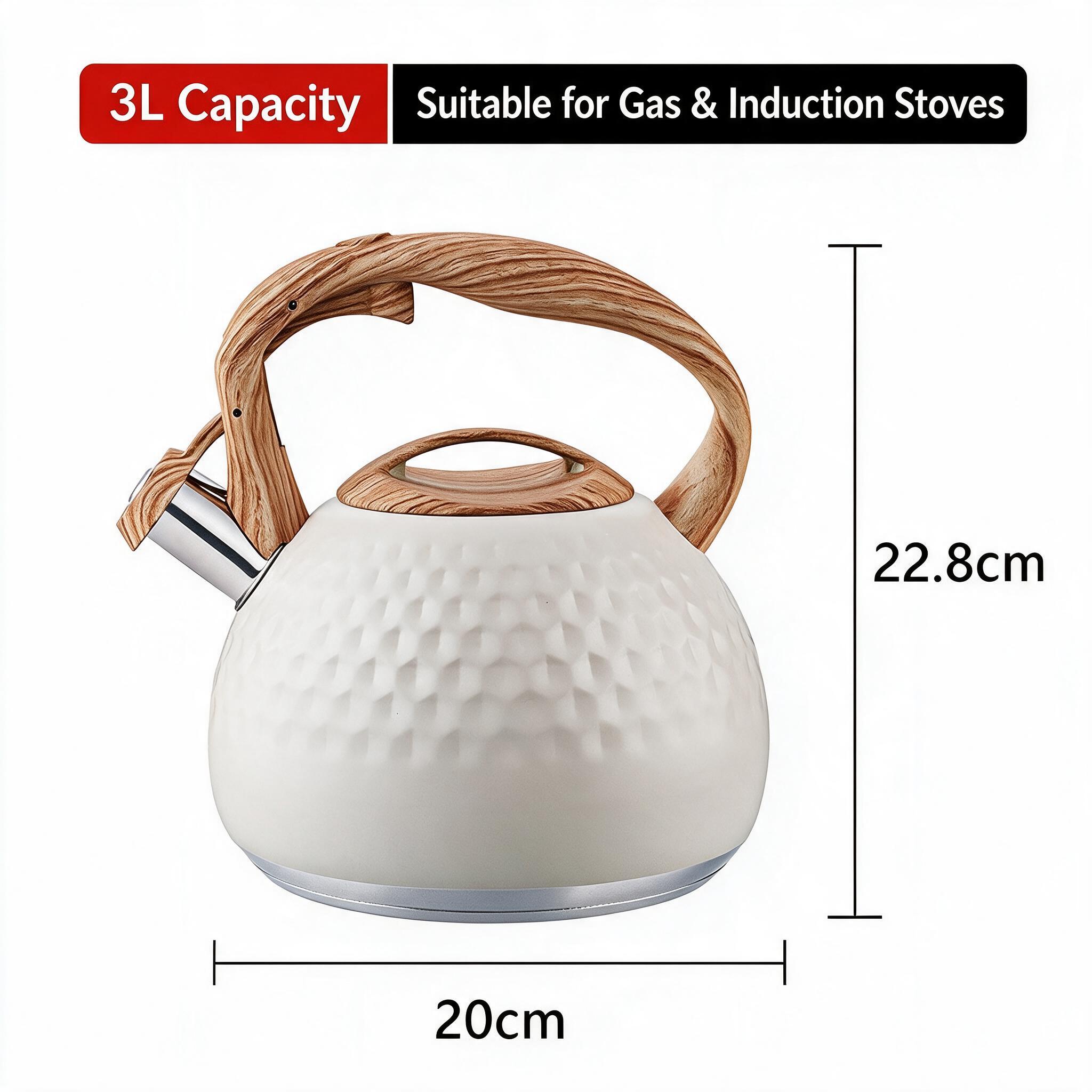 3L Stainless Steel Whistling Kettle, Hammered Texture Stovetop Kettle, Compatible with Gas & Induction Cookers