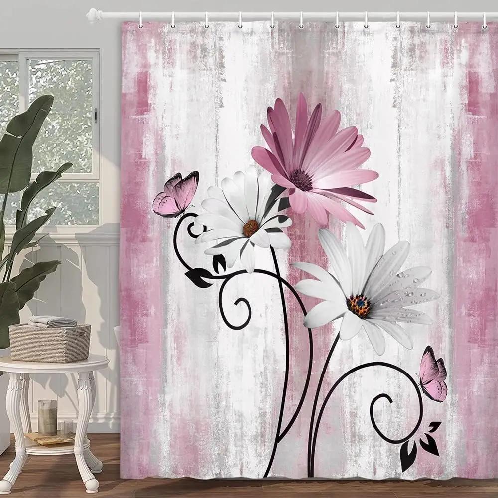 Wood Paneled Flower Shower Curtain, Vintage Flower Farm Cart Sunflower Butterfly Lavender Geometric Bible, Bathroom Decoration