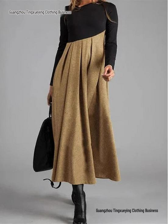 Color Block V-Neck Woolen Dress with Long Sleeves and Patchwork Hem for Autumn and Winter