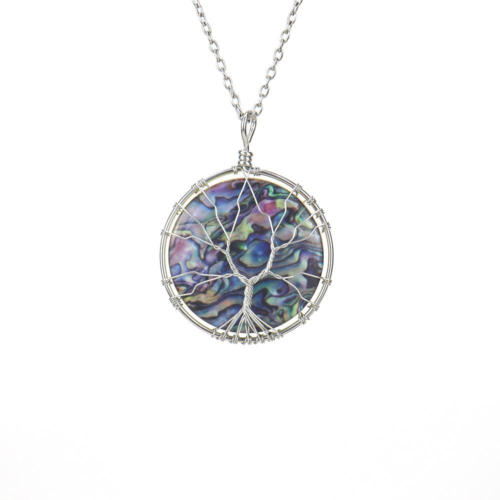 

Synthetic Abalone Shell Tree Of Life Disc Pendant Necklace Fortune Tree Silk Round Necklace N616