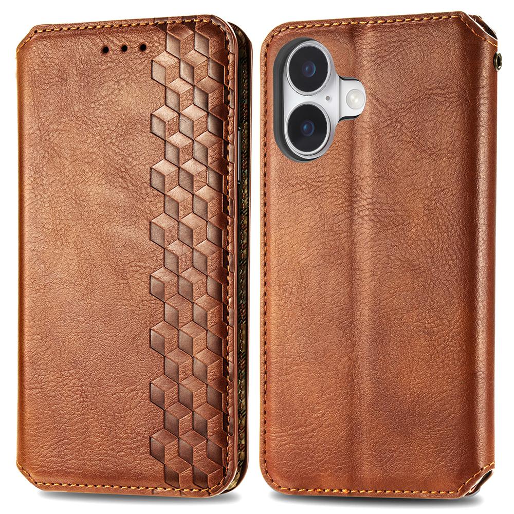 

For iPhone 16 Plus PU Leather Case Rhombus Imprint Wallet Stand Phone Cover Brown