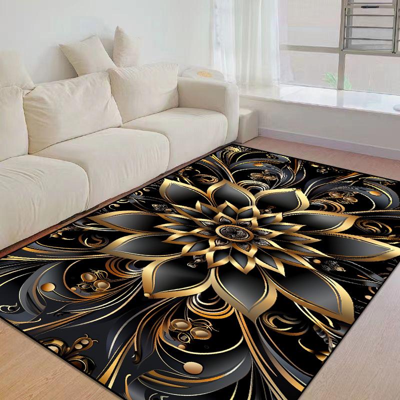 European Home Luxury Golden Flowers Living Room Decor Sofa Carpet Washable Rugs for Bedroom Black Gold Lounge Coffee Tables Mat