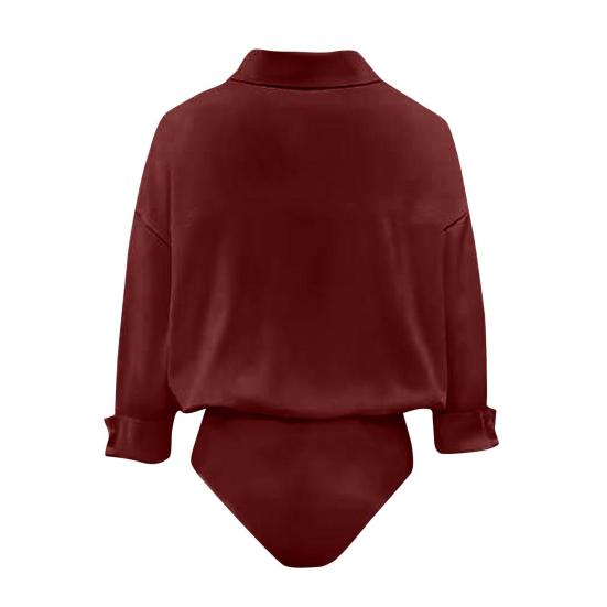 Damen Office Bluse Bodysuit Top Knopfleiste Kragen Langarm Einteiler Arbeitshemd Lässig Lockerer Schnitt Business Tops