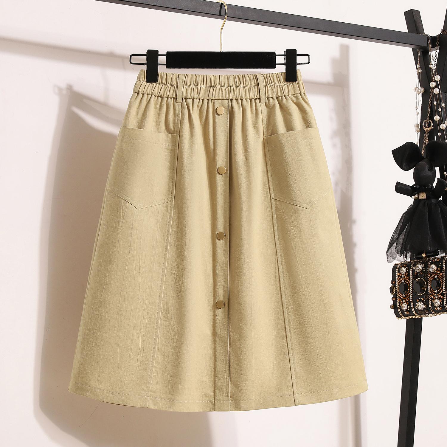 

DIMANAF 2025 Plus Size Summer Elastic Skirts Women Buttons Fashion Loose A-Line Skirt High Waist Vintage Maxi 5XL бежевый