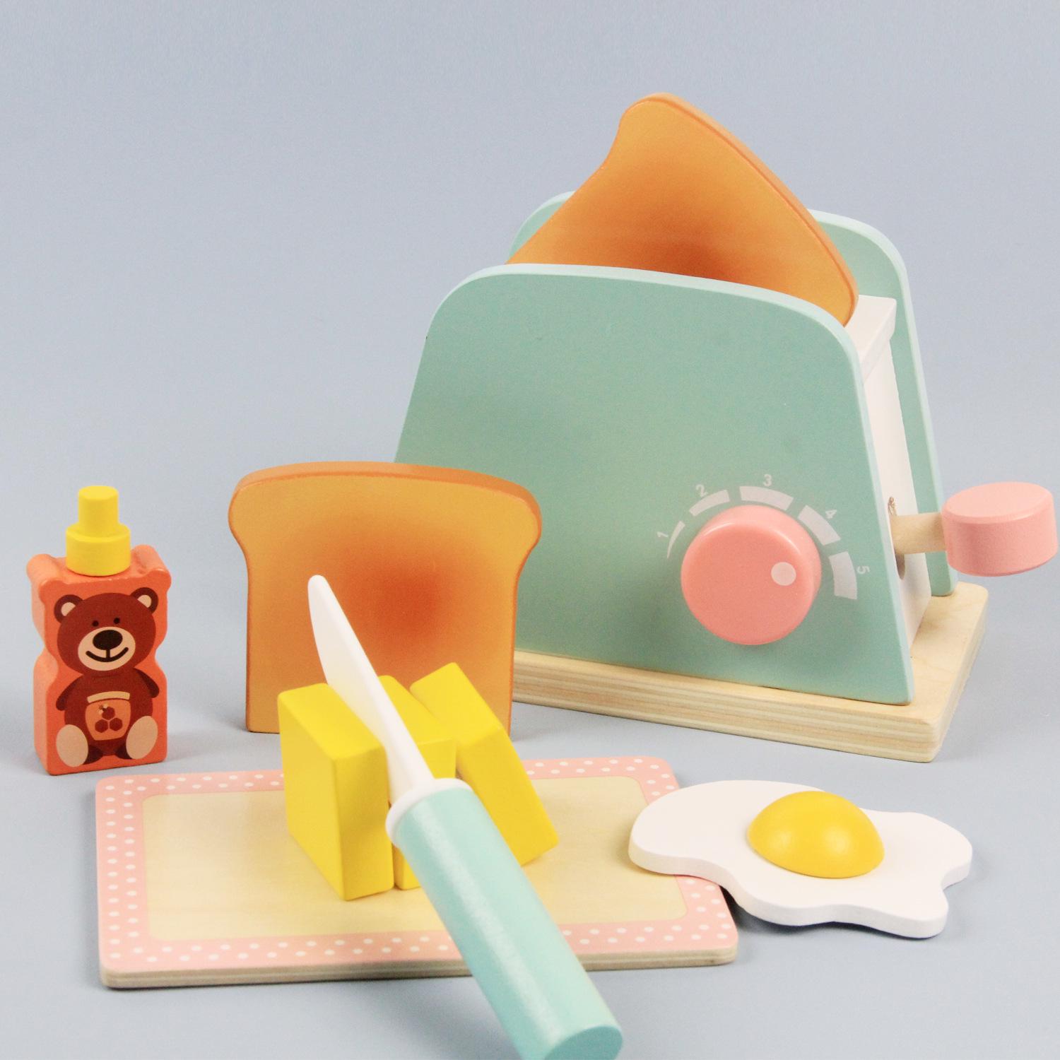 

Wooden Play Kitchen Set: Toaster, Mixer, and Coffee Maker Tableware for Kids