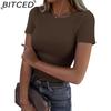 BITCED Women's Short Sleeve Stretch O-Neck Ribbed T-Shirt Fitted Casual Basic Top