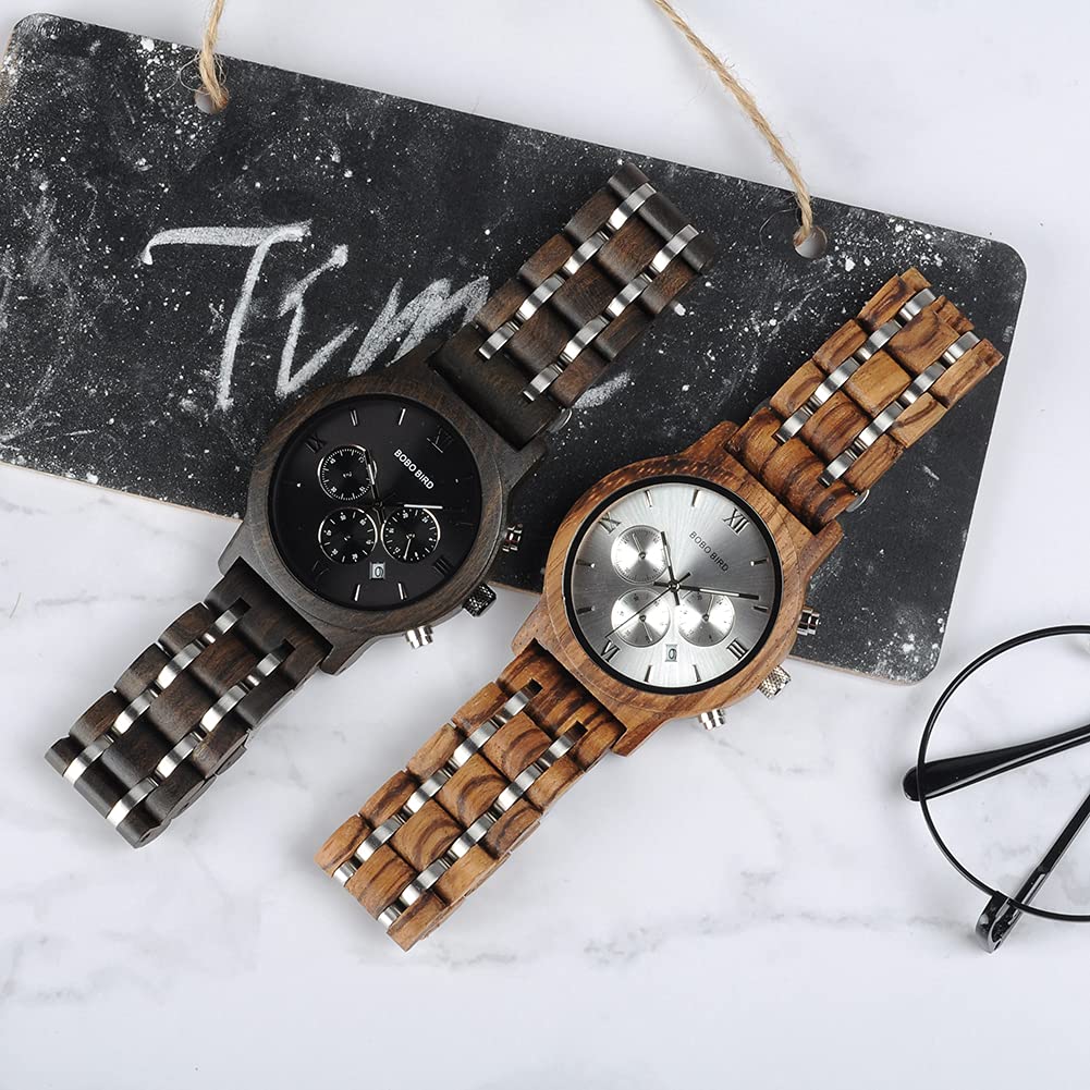 BOBO Bird Wood Watch Luxury Wood Metal Strap Chronograph Date Display Quartz Watch Versatile Watch Metal White Men's Men's
