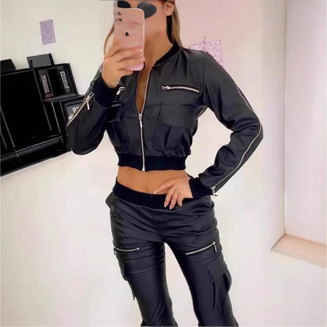 

Trendy 2026 Black PU Zipper Short Jacket for Women - European & American Style Small чорний