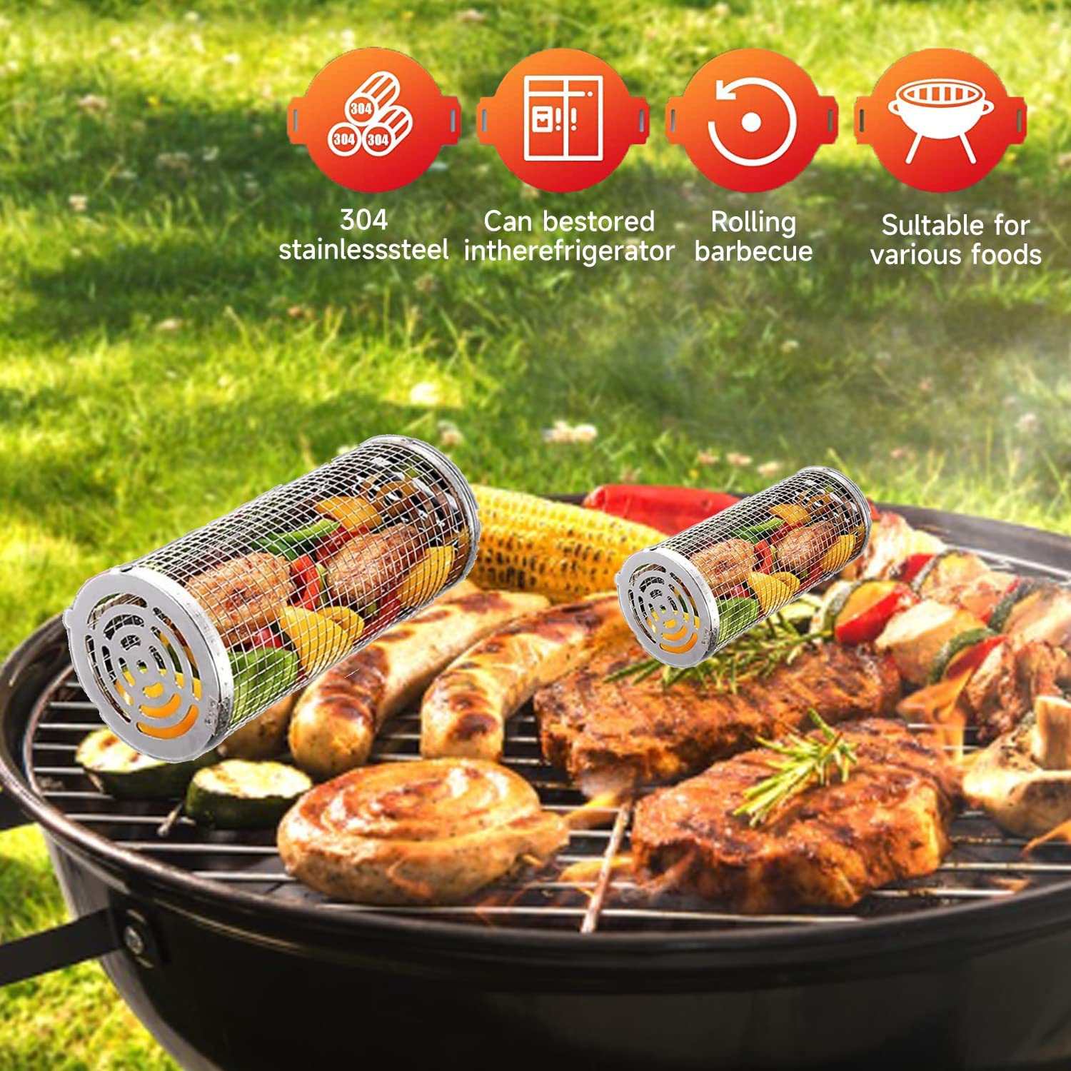 Lot 2 Paniers Barbecue Roulants Acier Inox 304 – Grand & Moyen + Fourchettes, Cuisson 360° Parfaite !
