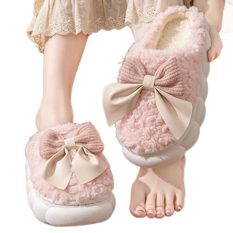Maternity Bow Knot Cotton Slippers: Plush, Non-Slip, Thickened, Closed-Heel Autumn/Winter Footwear for Women