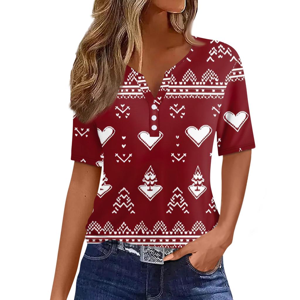 Damen T-Shirt Weihnachtsdruck Knopf Kurzarm Täglich Wochenende Mode Basic V-Ausschnitt Reguläres Oberteil
