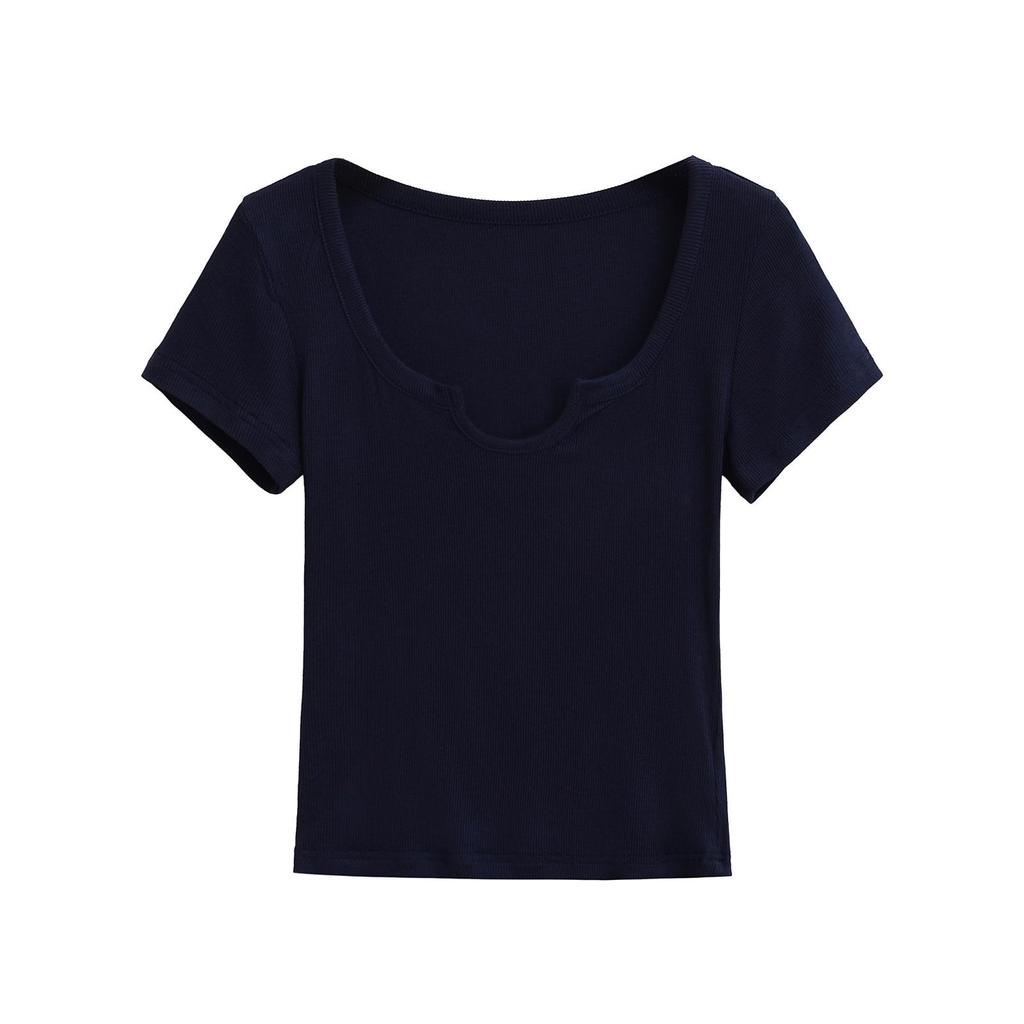 Summer 2025 European & American Style Ribbed Slim Fit U-Neck Short Sleeve Top