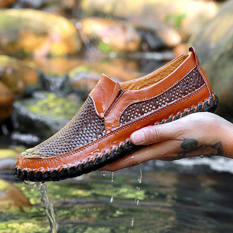 Men's Breathable Mesh Slip-on Sandals - Soft Sole Leather Dad Shoes, Size 50, Large and Comfortable.