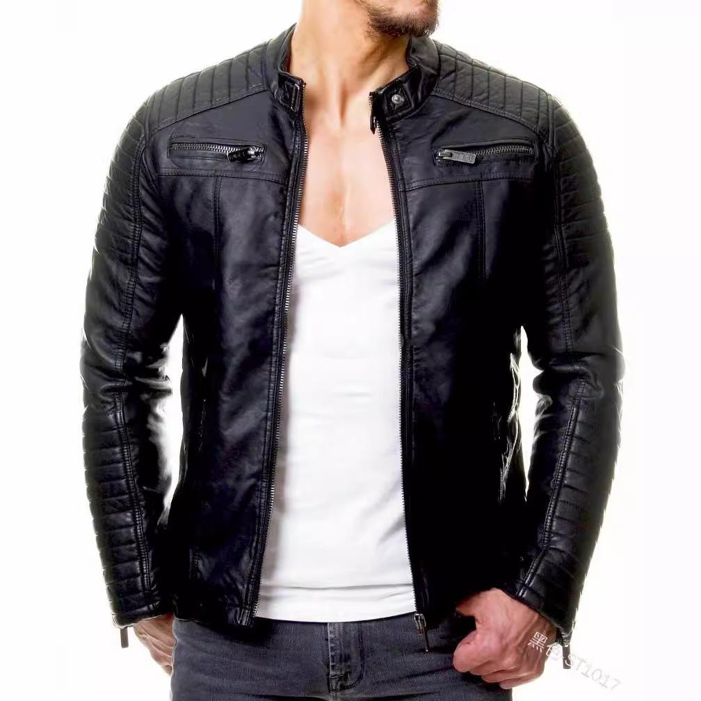 New winter men's route thickened lapel cotton clothes European and American zipper-colored leather jacket