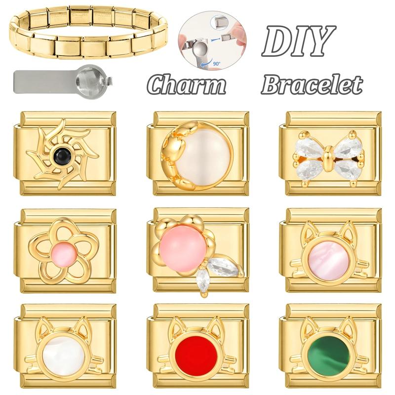 Vintage Golden Charm Zircon Butterfly Bow Cat Flower Italian Charm Links Fit 9MM Stainless Steel Bracelet Women DIY Making Gift