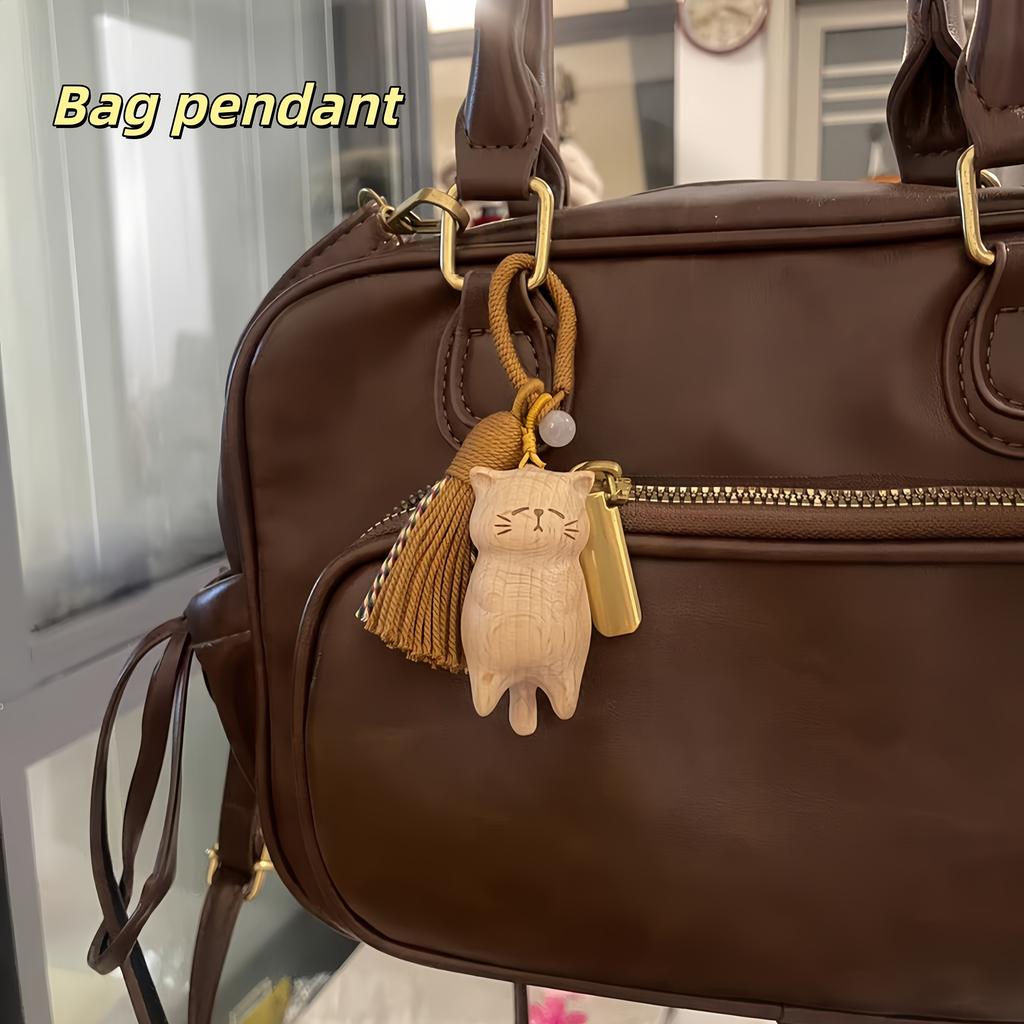 1pc Handcrafted Wooden Cute Money Catching Cat Pendant - Whimsical Animal Art for Bags, Phones, Festive Accessory|Playful Design|Cat Decor