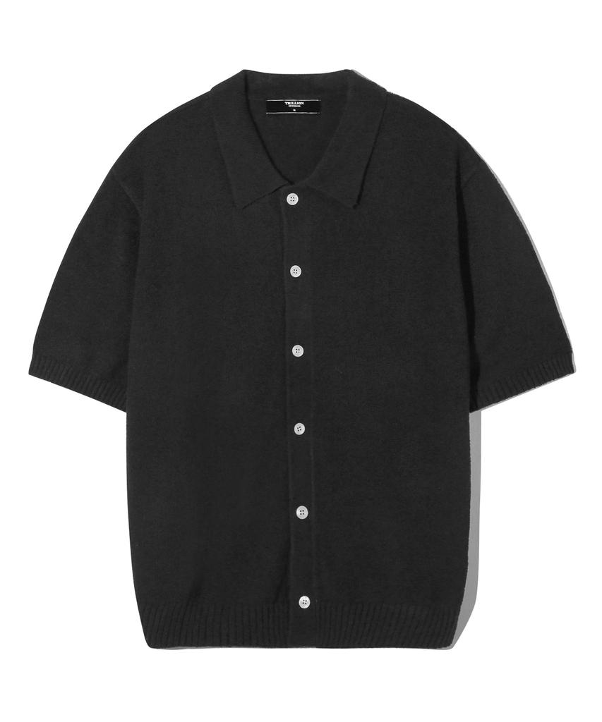 TRILLION Washable Boucle Collar Short Sleeve Knit (Pure Black)