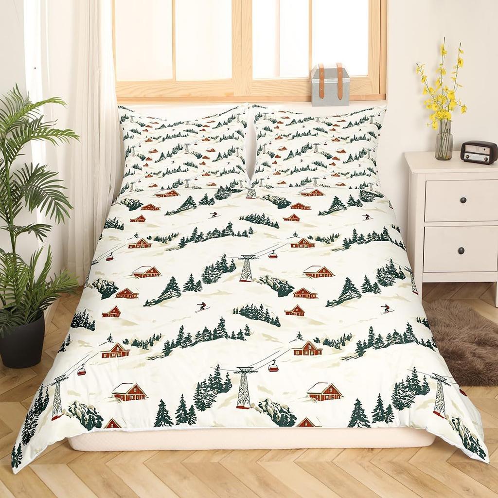Ski Theme Duvet Cover Green Pine Cable Car Bedding Set Country Style Three-Piece Set