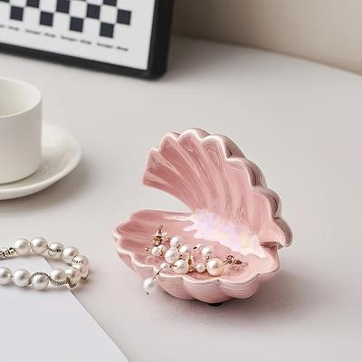 Semi-Circular Ceramic Shell Art Deco Style Jewelry Tray, Multipurpose Key and Jewelry Holder for Entryway/Vanity, Home Room Decor