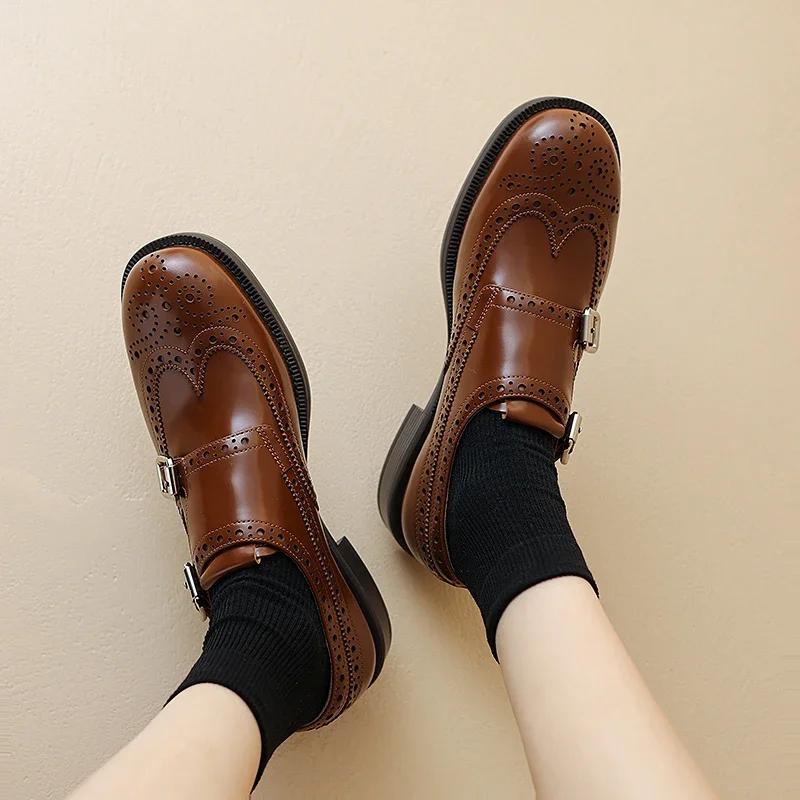 Fashion NEW Spring/Autumn Women Loafers Round Toe Chunky Heel Shoes Shoes for Women Belt Buckle Women Pumps Brogue Shoes Genuine Leather