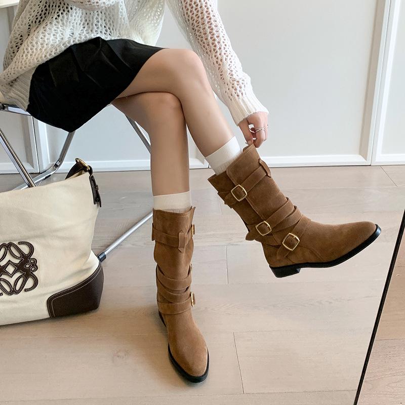 

Осень 2024 Французские Ретро Ковбойские Сапоги: Низкий каблук, круглый носок, дизайн с пряжкой — стильно с юбками 35 хаки