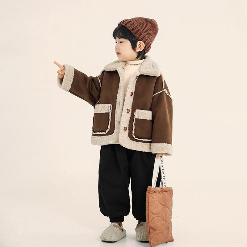 Children's Clothing, Boys' Fleece Jacket, Winter Kidsren's Fur Integrated Cashmere Cardigan, Single-Breasted Top for Small and Medium-Sized Kidsren