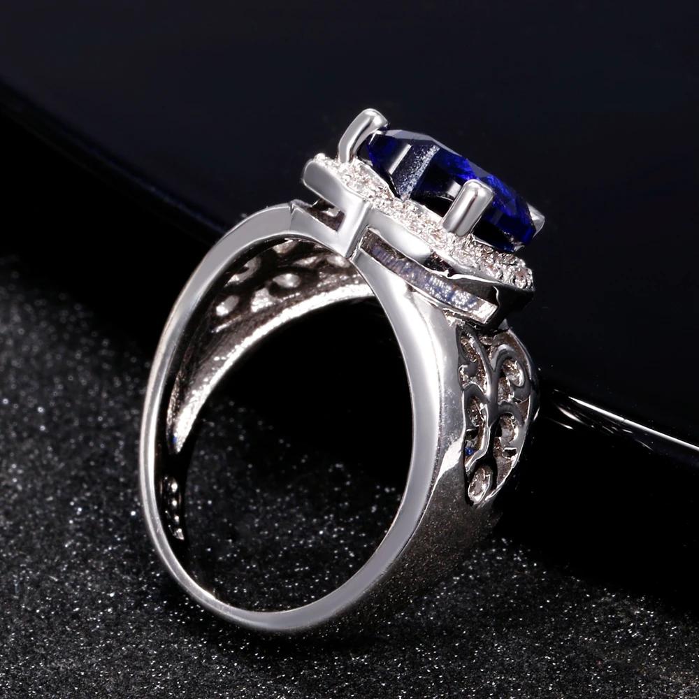 Anniversary Heart Ring,Blue Sapphire Center with Diamond-Cut Zircon Halo in Polished Silver,Bridal Jewelry Gift for Her