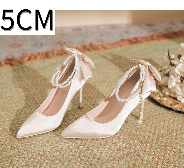 Fashion High Heels for Women Thin Heel Pointed Toe Straight Pearl Buckle with Bow Silk Fabricplus Size Women's Shoes Pumps White Heels