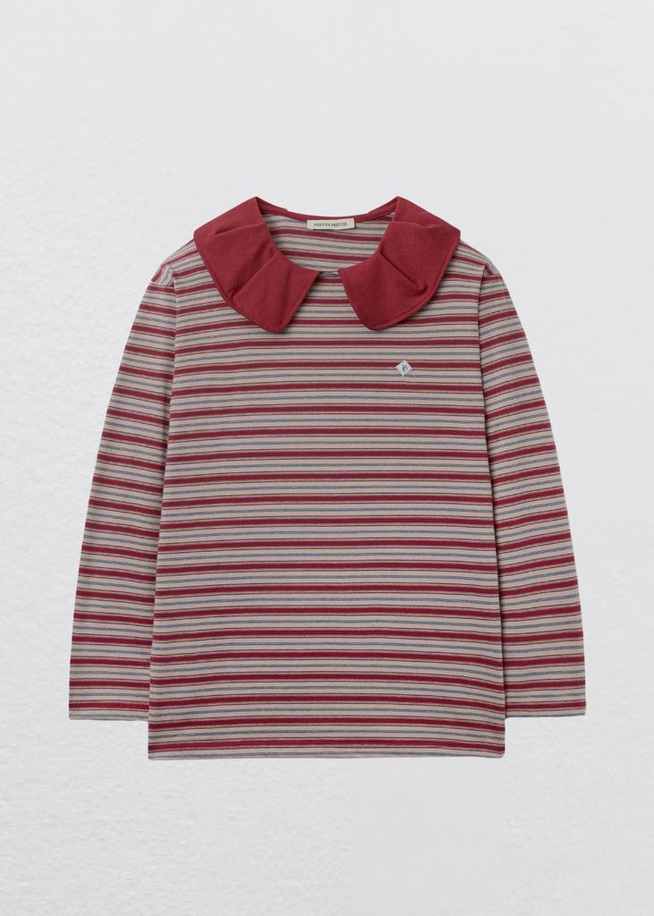 Pibeuseupibeuseu Stripe Big Collar Jersey Top / Burgundy