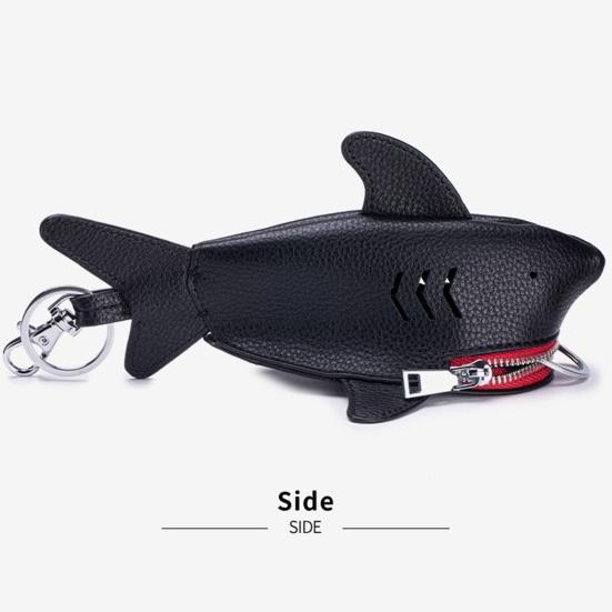 Leather Shark Key Bag Cute Shark Shape Car Key Bag Backpack Charm Shark Pouch with Keyring And Lanyard Zippered Coin Purse
