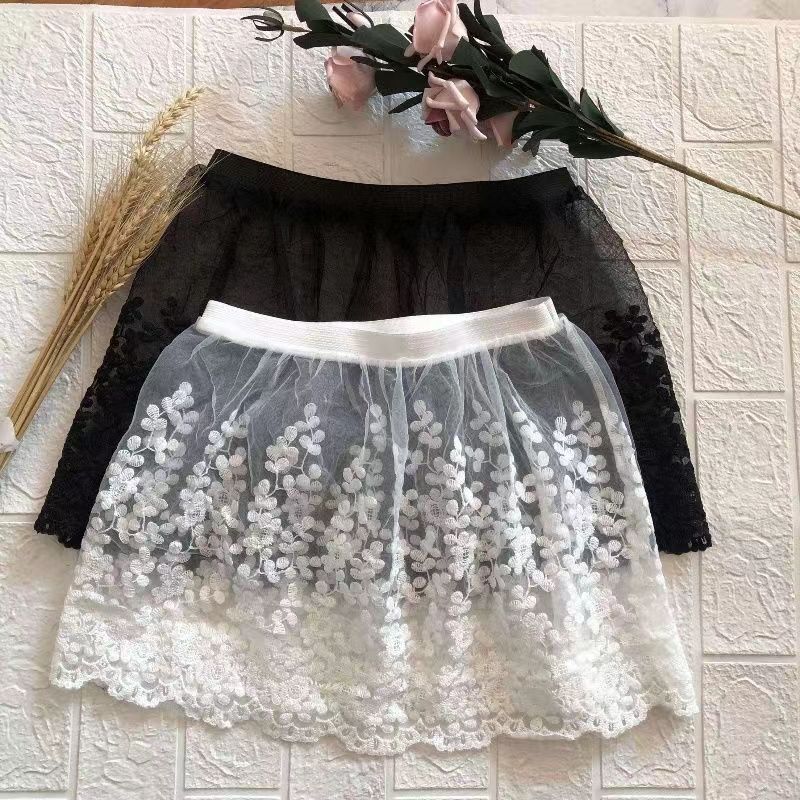 Extensoare de fustă pentru femei cu tiv din dantelă, primăvară, toamnă, stratificată, topuri false, cu tiv, cu broderie de flori, mini-fustă negru alb
