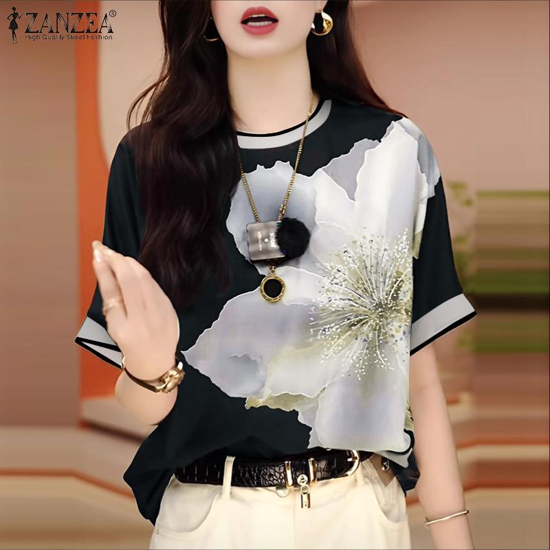 ZANZEA Damen Lässig Rundhals Locker Sommer Kurzarm Print Bluse