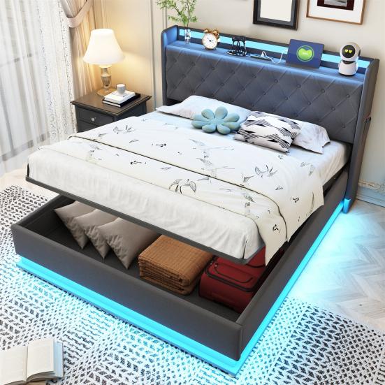 LED Polsterbett 140x200cm mit USB-Ladeanschluss und hydraulischem Stauraum, hautfreundlicher Leinenstoff Grau