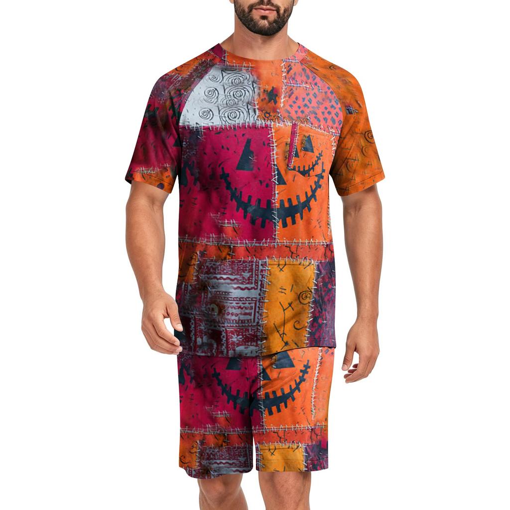 Men's Halloween Casual Pajama Set Short Sleeve Top and Shorts Patchwork Design Comfortable Sleepwear Lounge Outfit for Home Use