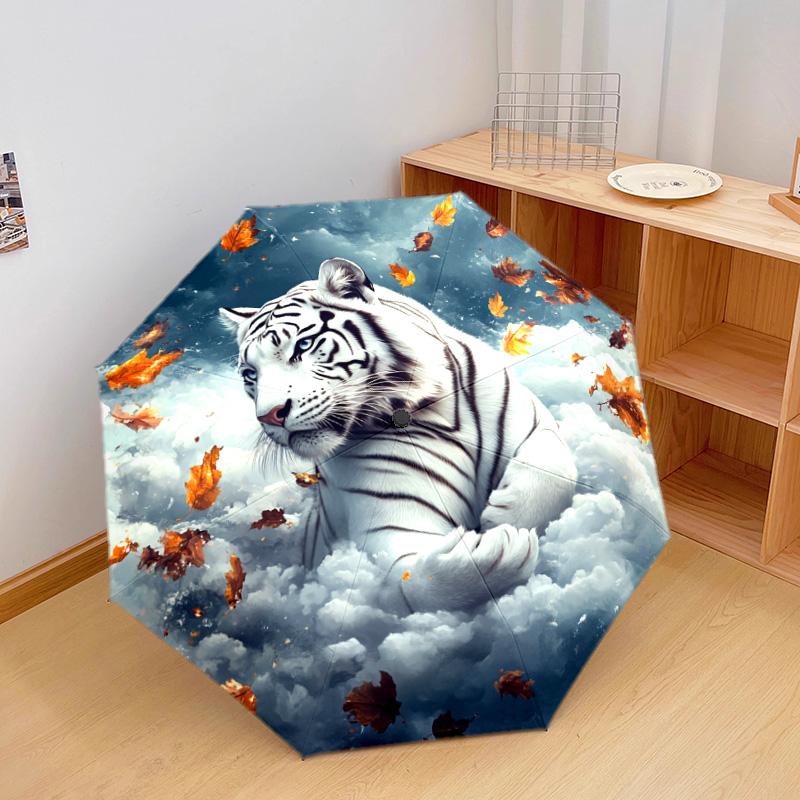 1 PC Automatic Folding Umbrella - White Tiger with Falling Leaves Pattern, Portable & Foldable Design with 8 Ribs, Christmas Birthday Gifts