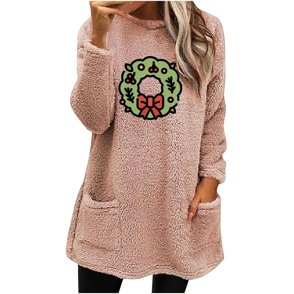 Women's Christmas Wreath Print Long Sleeve Plush Pocket Hoodie