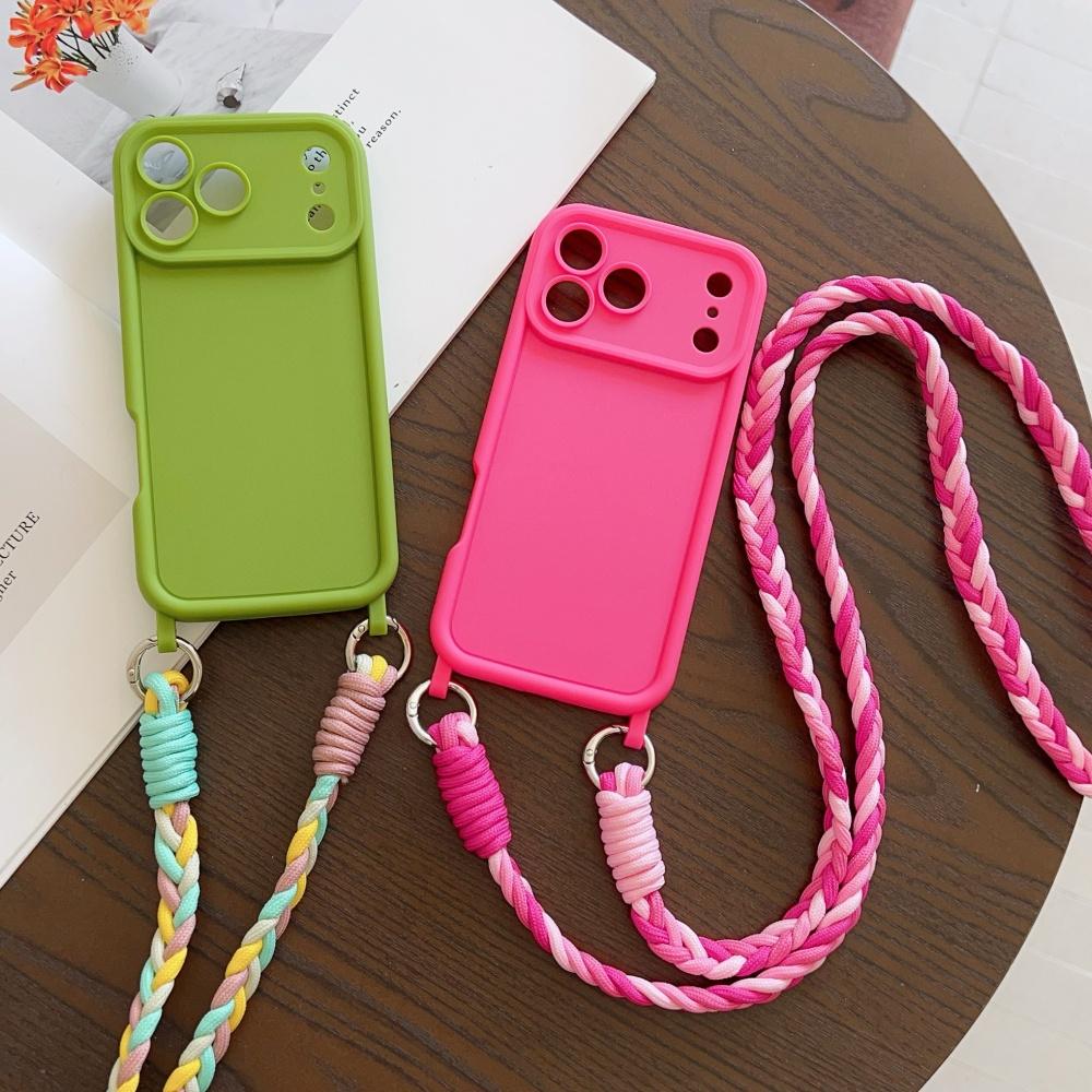 Crossbody Lanyard Braided Cord Liquid Silicone Case For iPhone 16 17 Pro Max 15 14 13 12 11 XR XS 7 8 Plus Necklace Strap Cover