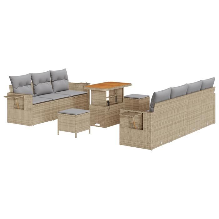 Ensemble de canapé jardin 10 pièces avec coussins beige en poly rotin acacia 3363662
