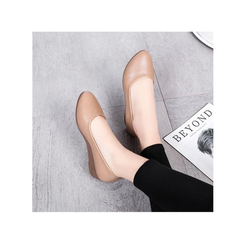 Women's Spring and Autumn New Women's Single Shoes Pointed Toe Slope Small Leather Shoes Shallow Mouth Work Mother Shoes Trend