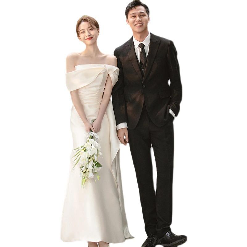 Satin shoulder light wedding dress super fairy Mori bride outdoor welcome out yarn temperament simple white evening dress