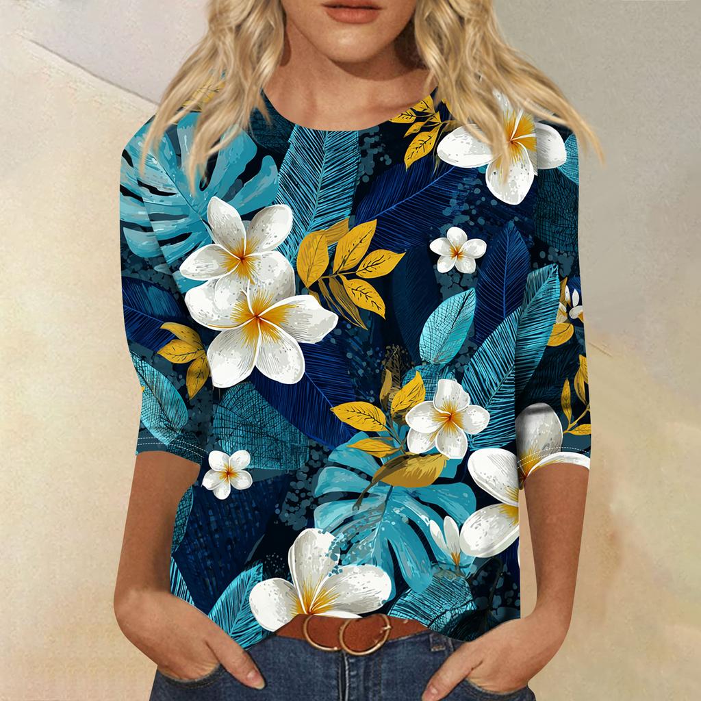 Women's Fashionable Casual Round Neck Three-quarter Sleeve Hawaiian Print T-shirt Top