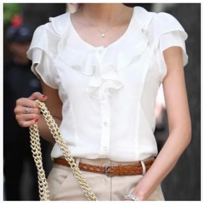 Short Sleeve Blouse Shirt Fashion Ruffles Ladies White Black Office Blouses Women