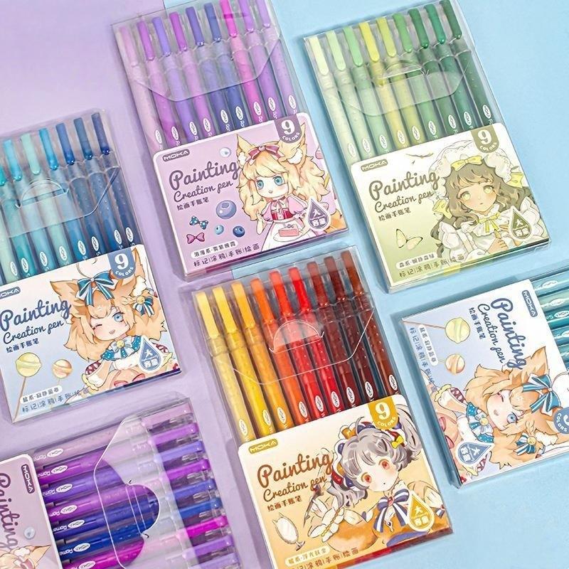 9pcs Romantic Multi Color Pens Set Gel Ink Vintage Marker Liner 0.5mm Ballpoint Stationery Gift